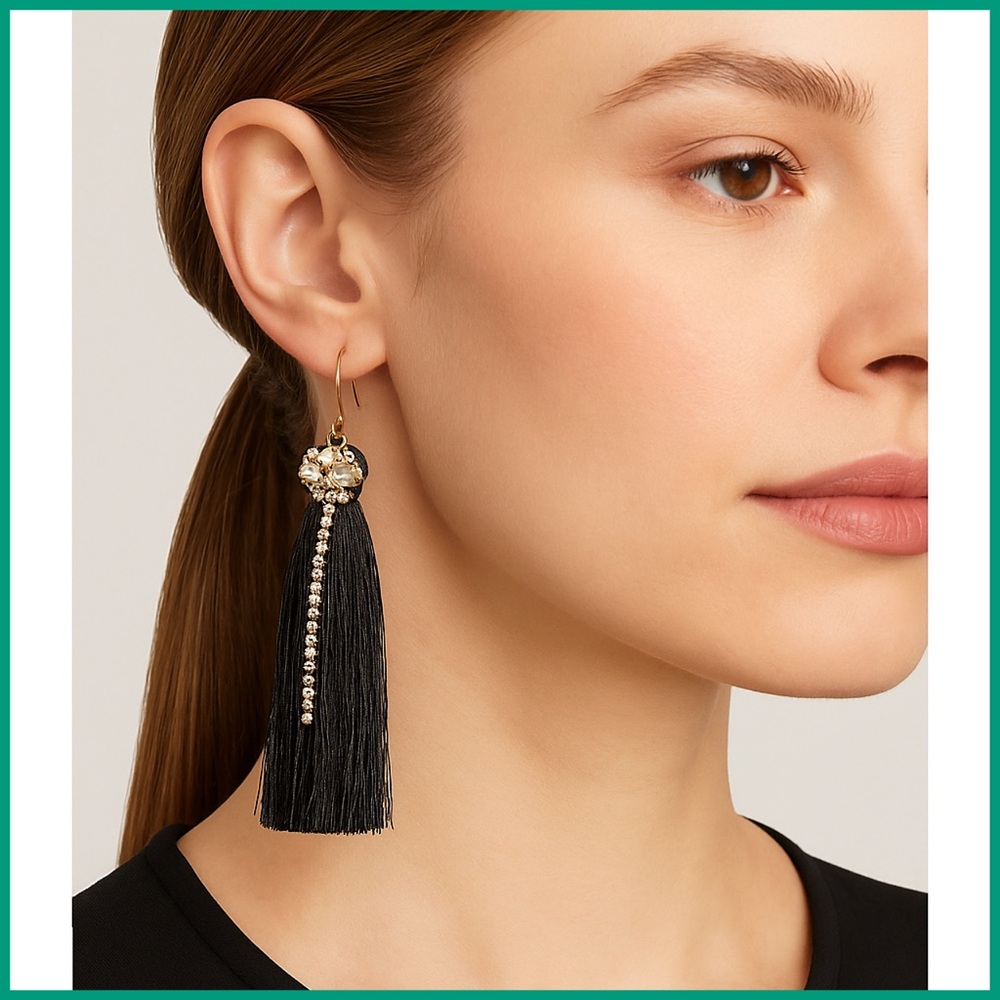 Catherine Malandrino Gold & Black Tassel Earrings + Rhinestones